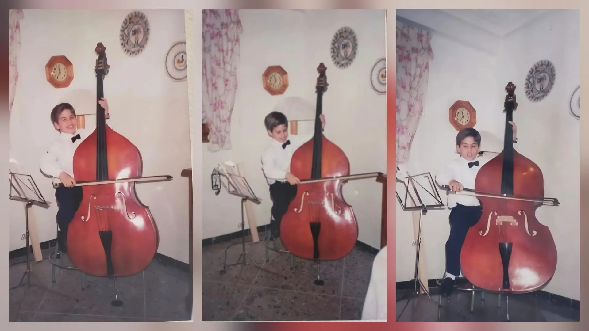 Old photographs of José as a child playing the double bass at home