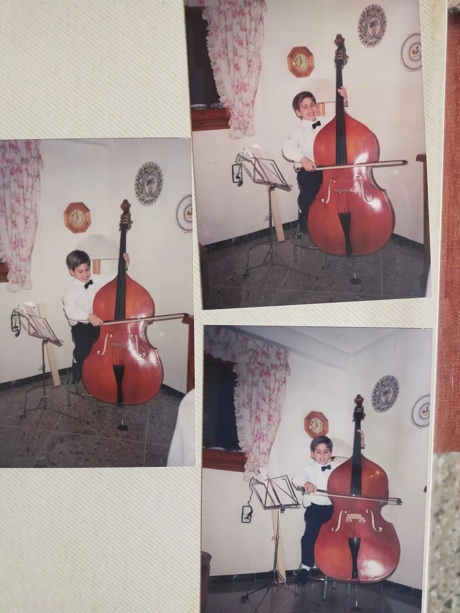 Old photographs of José as a child playing the double bass at home