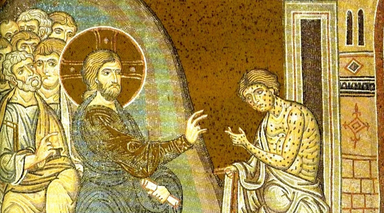 Golden Byzantine mosaic of Jesus, surrounded by his disciples, reaching out to a seated man